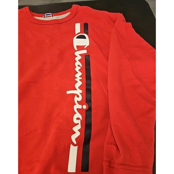 Champion Vertical Spellout Red Crewneck Sweatshirt Pullover Mens Size XL - Picture 2 of 3
